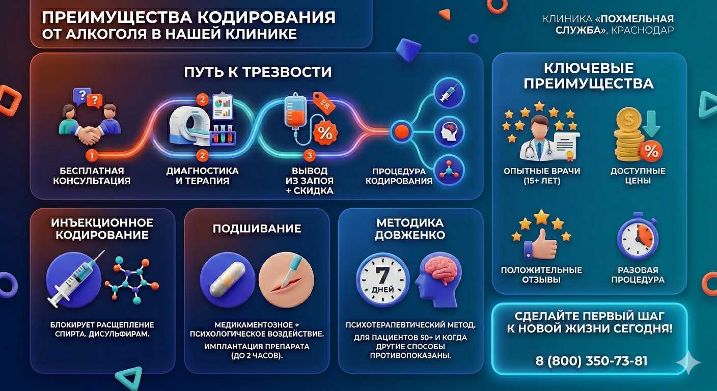 Инфографика о методах кодирования от алкоголя в Старовеличковской: инъекции, подшивание, метод Довженко. Преимущества клиники и этапы лечения.
