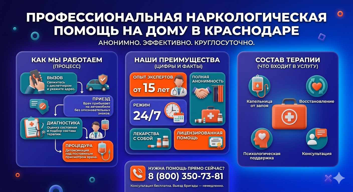 Инфографика о принципах лечения алкоголизма на дому в Старовеличковской: этапы вызова нарколога, преимущества анонимной детоксикации и состав медицинской помощи.